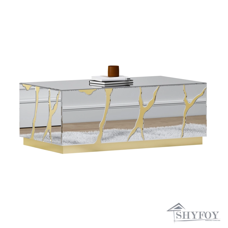 SHYFOY 39''W Mirrored Block Glass Rectangle Coffee Table With Unique Crackle Design / SF-CF096
