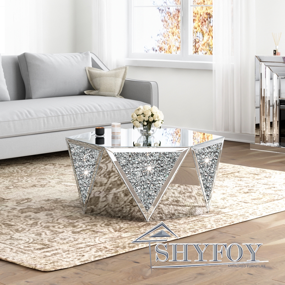 SHYFOY Mirrored Coffee Table with Crystal Inlay, 31.5