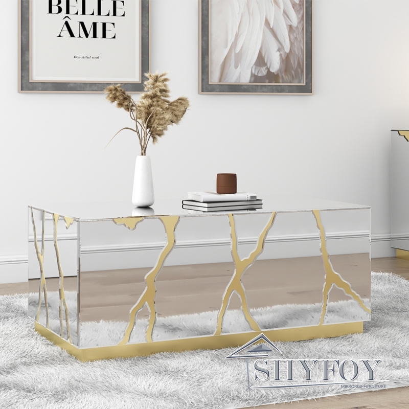 SHYFOY 39''W Mirrored Block Glass Rectangle Coffee Table With Unique Crackle Design / SF-CF096