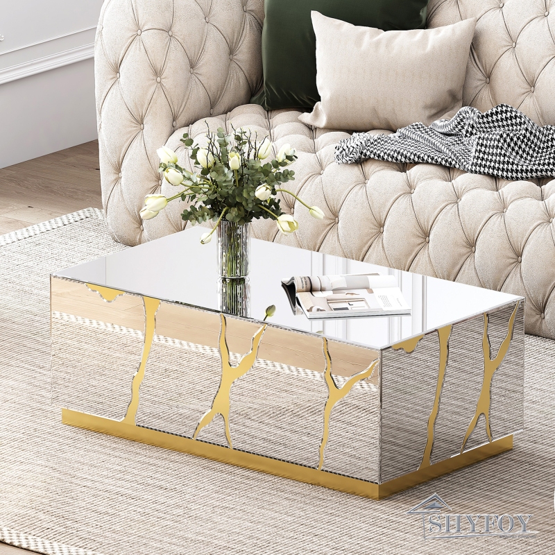 SHYFOY 39''W Mirrored Block Glass Rectangle Coffee Table With Unique Crackle Design / SF-CF096