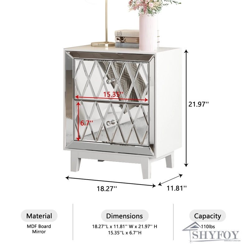 SHYFOY 22&quot; 2-Drawers Pattern Mirror Glass Nightstand / SF-BT078