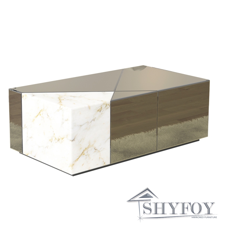 SHYFOY 39.37''W Mirrored Block Coffee Table With Unique Marble Patchwork Design / SF-CF097