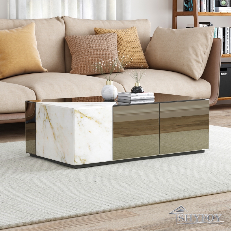 SHYFOY 39.37''W Mirrored Block Coffee Table With Unique Marble Patchwork Design / SF-CF097