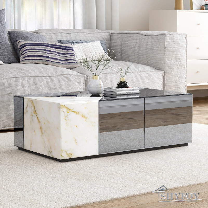 SHYFOY Mirrored Gray Coffee Table With Unique Marble Patchwork Design / SF-CF110G