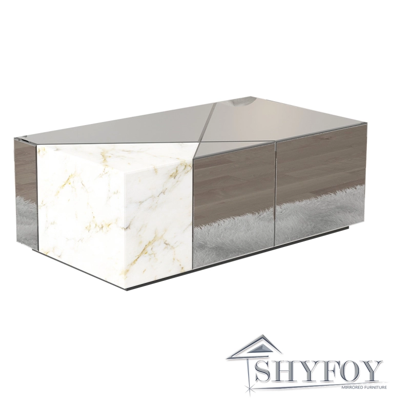 SHYFOY Mirrored Gray Coffee Table With Unique Marble Patchwork Design / SF-CF110G