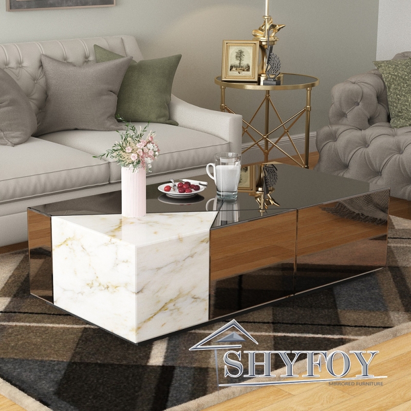 SHYFOY 39.37''W Mirrored Block Coffee Table With Unique Marble Patchwork Design / SF-CF097