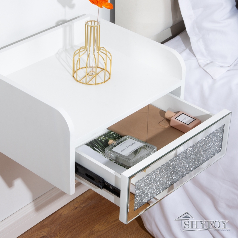 SHYFOY Floating Nightstand Mirrored Modern White Nightstands  / SF-BT131