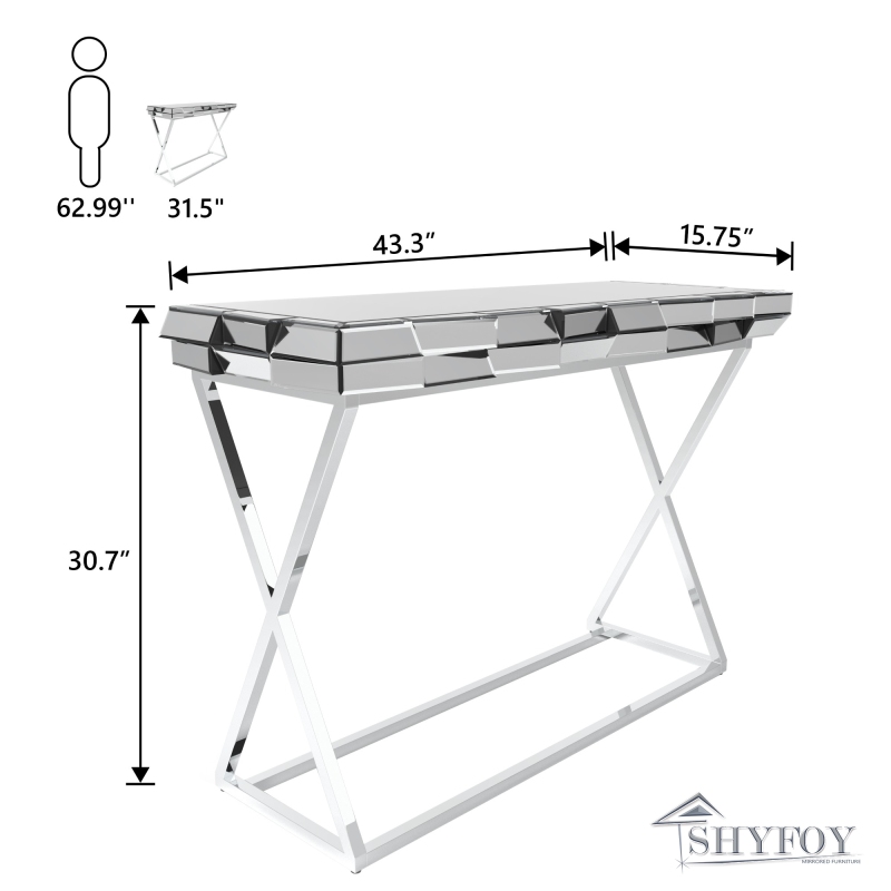 SHYFOY 43.3'' X Shaped Legs Handmade Silver Mirror Glass Console Table / SF-CT136