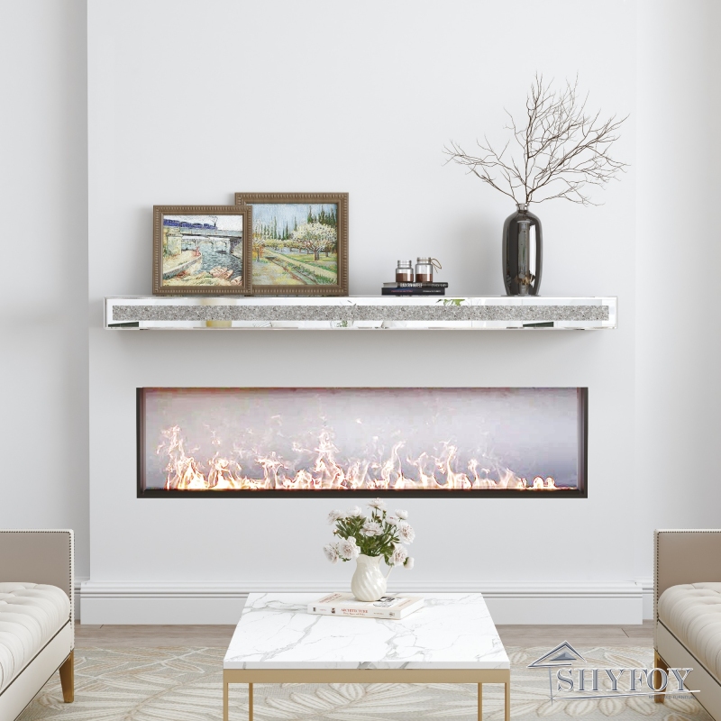 Fireplace Mantel, 48 Inch Mirrored Floating Shelf with Crystal Crushed Diamond Inlay, Wall Mounted Long Shelf for Wall Decor / SF-TS132