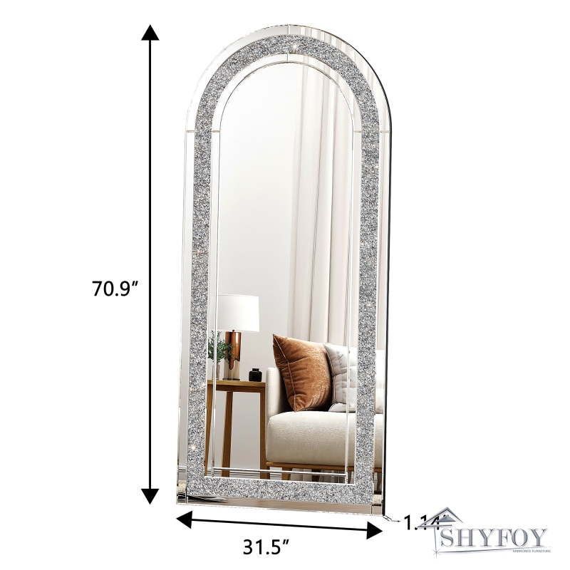 SHYFOY Glass Framed Arched-Top Floor Mirror with Crushed Diamond / SF-FM111