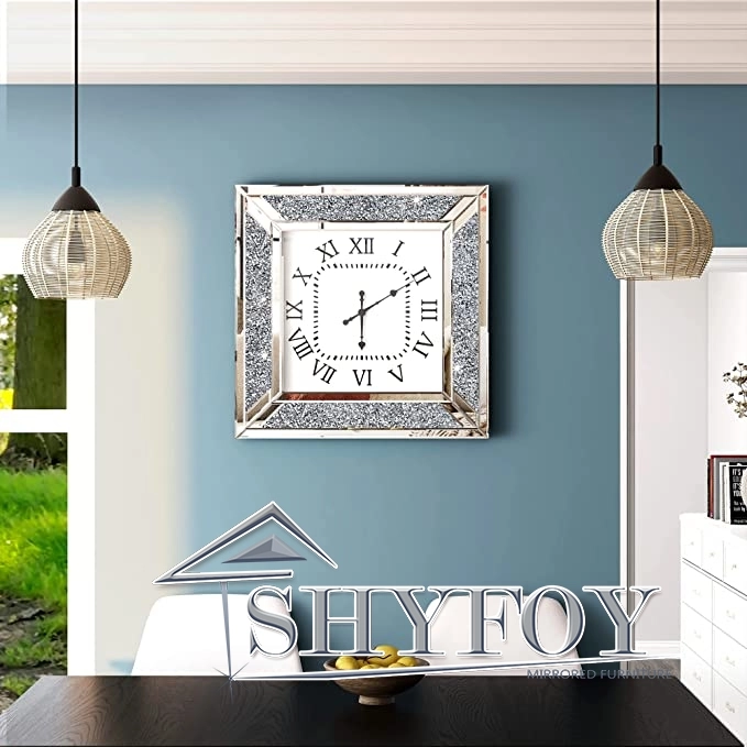 SHYFOY Gliter Deorative Wall Clock 24in - Crushed Diamond Inlay Mirrored Large Clock for Wall Living Room Decor Silver Modern Big Clock Home Decor
