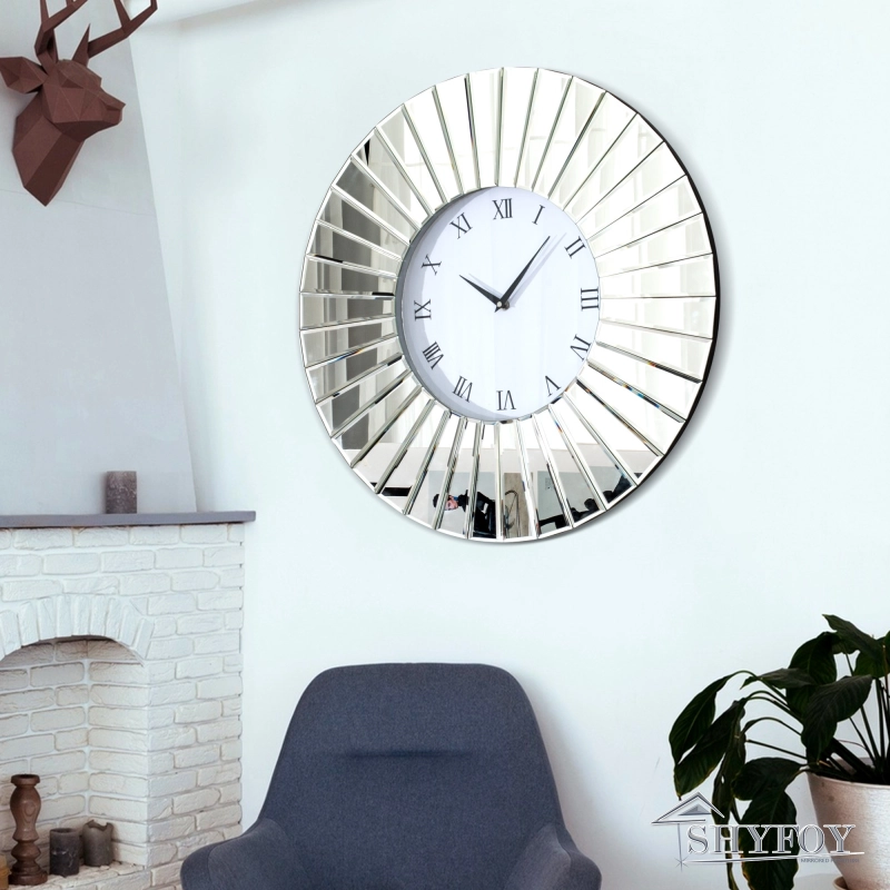 SHYFOY Decorative Wall Clocks for Living Room Decor - 32" Modern Wall Clock Mirrored Finish Fan Frame, Sparkly Large Round Clock Silver Wall Decor for