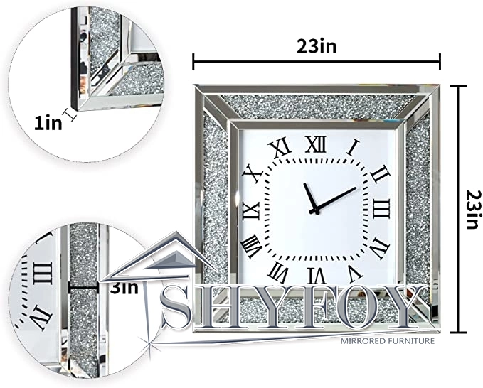 SHYFOY Gliter Deorative Wall Clock 24in - Crushed Diamond Inlay Mirrored Large Clock for Wall Living Room Decor Silver Modern Big Clock Home Decor