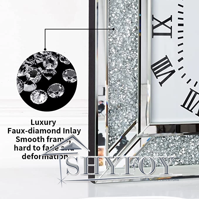 SHYFOY Gliter Deorative Wall Clock 24in - Crushed Diamond Inlay Mirrored Large Clock for Wall Living Room Decor Silver Modern Big Clock Home Decor