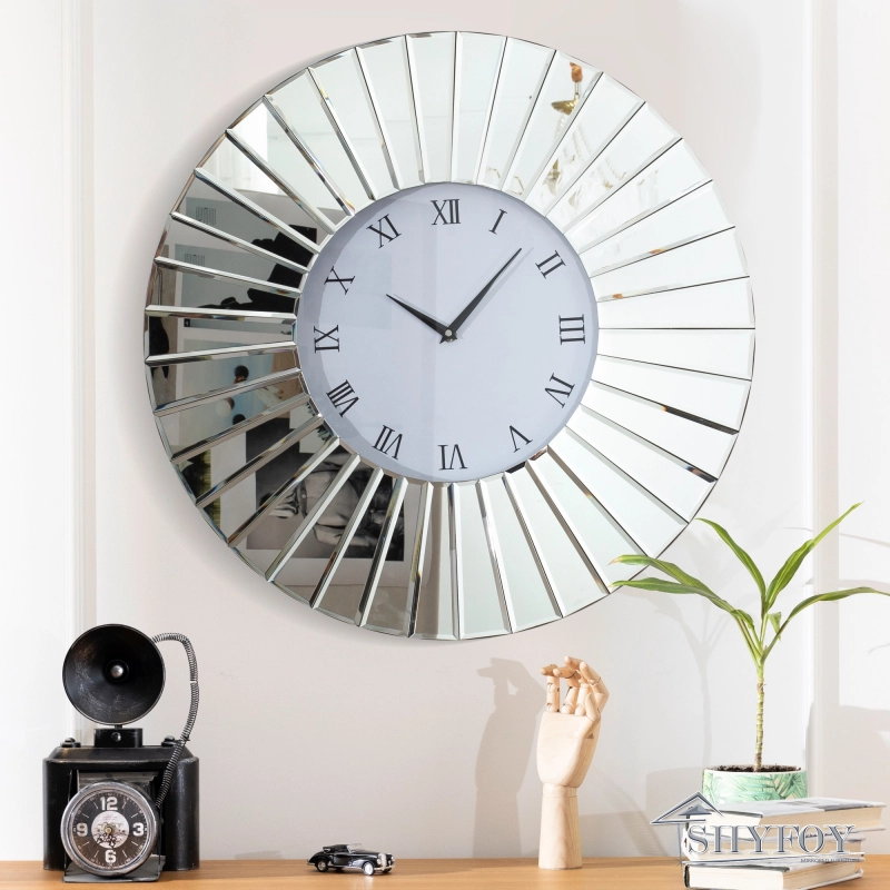 SHYFOY Decorative Wall Clocks for Living Room Decor - 32" Modern Wall Clock Mirrored Finish Fan Frame, Sparkly Large Round Clock Silver Wall Decor for