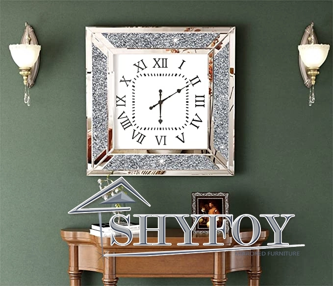 SHYFOY Gliter Deorative Wall Clock 24in - Crushed Diamond Inlay Mirrored Large Clock for Wall Living Room Decor Silver Modern Big Clock Home Decor