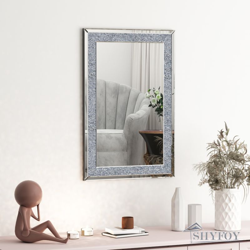 SHYFOY Crystal Mirrors for Wall Decor 35.4"X23.6" Decorative Wall Mirror Rectangle Silver Sparkly Crush Diamond Hanging Wall-Mounted Mirror for Living