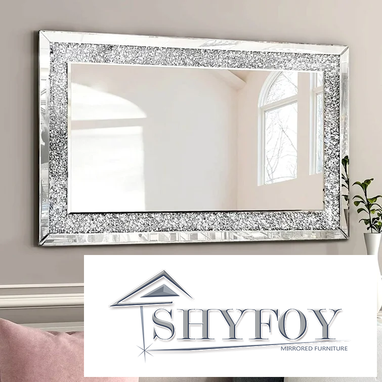 SHYFOY Crystal Mirrors for Wall Decor 35.4"X23.6" Decorative Wall Mirror Rectangle Silver Sparkly Crush Diamond Hanging Wall-Mounted Mirror for Living