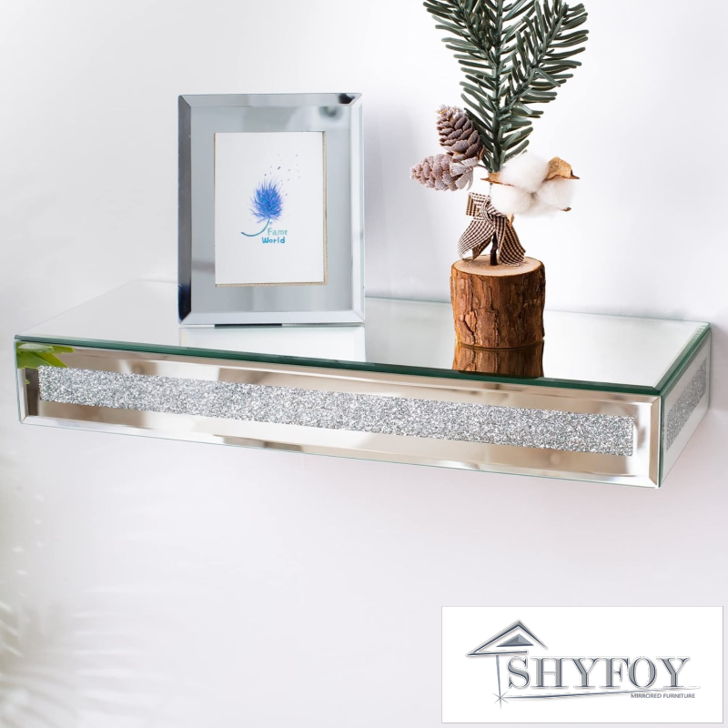 SHYFOY Mirrored Floating Shelves Wall Mounted Set of 2, Glitter Glass  Mirror Storage Wall Shelves for