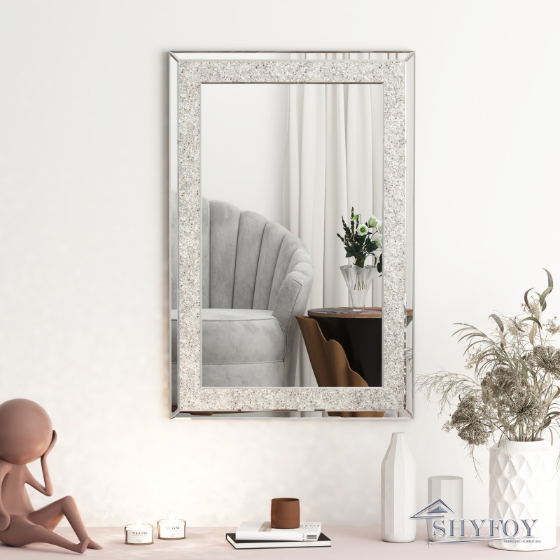 SHYFOY Crystal Mirrors for Wall Decor 35.4"X23.6" Decorative Wall Mirror Rectangle Silver Sparkly Crush Diamond Hanging Wall-Mounted Mirror for Living