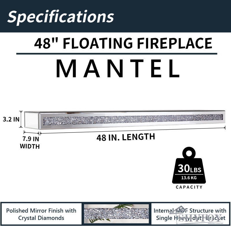 Fireplace Mantel, 48 Inch Mirrored Floating Shelf with Crystal Crushed Diamond Inlay, Wall Mounted Long Shelf for Wall Decor / SF-TS132