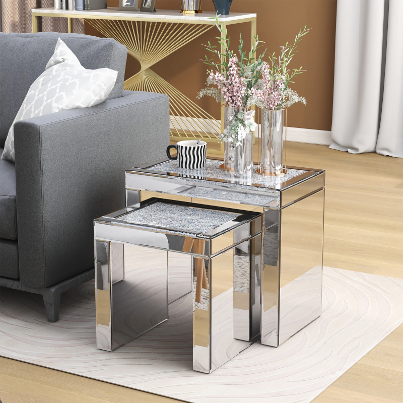 Nesting End Table Set of 2, Luxury Mirrored Side Tables with Sparkling Diamonds /SF-ST165
