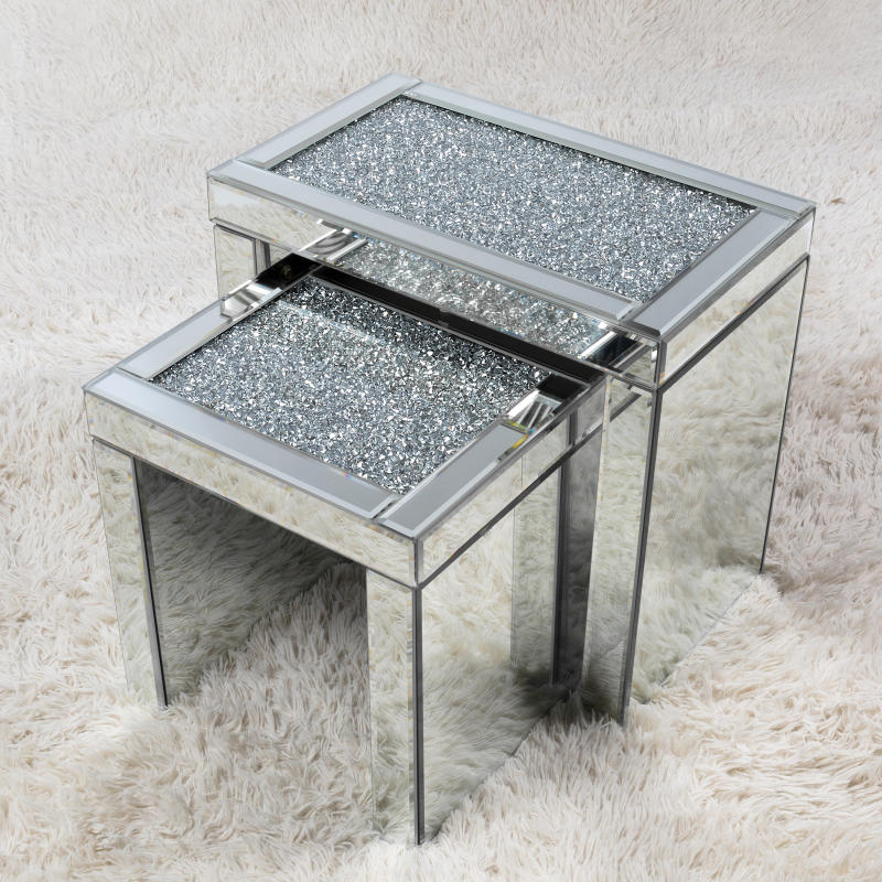 Nesting End Table Set of 2, Luxury Mirrored Side Tables with Sparkling Diamonds /SF-ST165