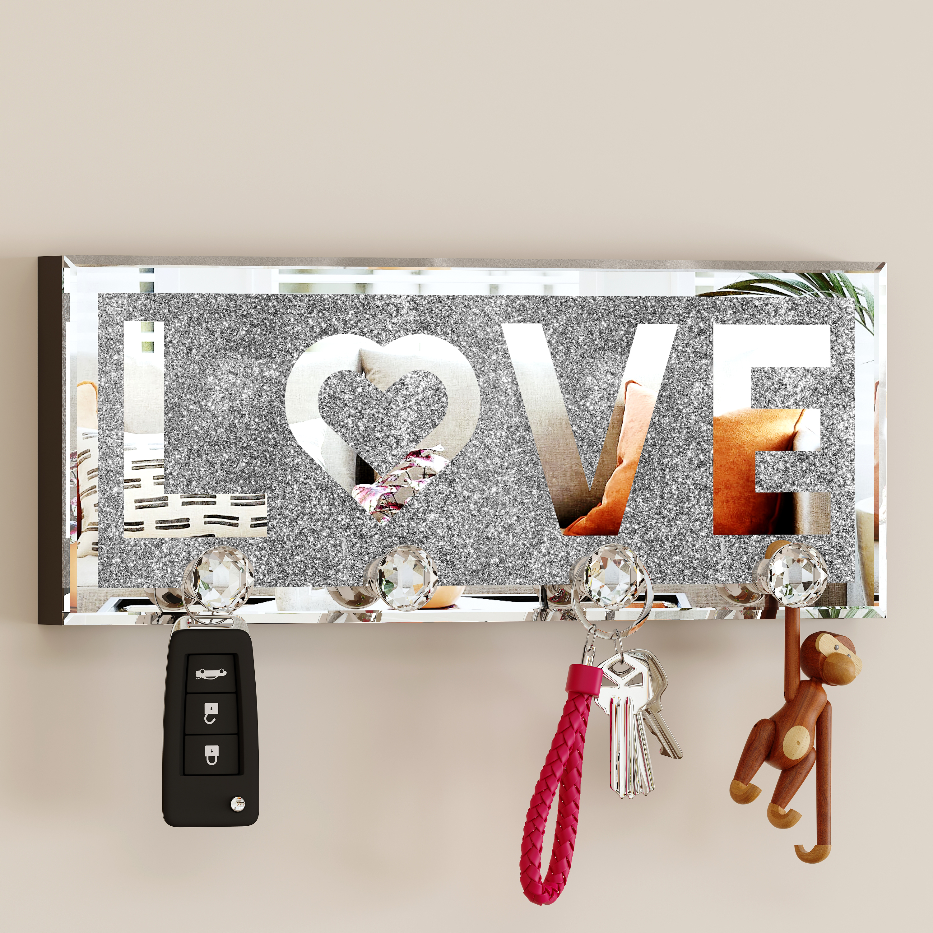 Wall mirror with online key hooks