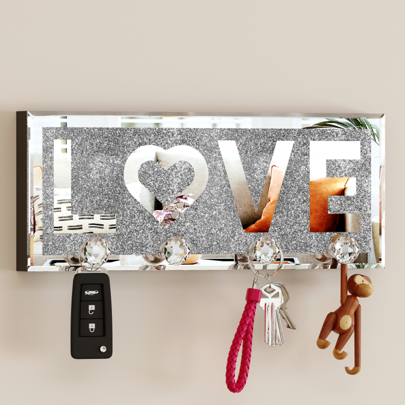 SHYFOY Mirrored Key Holder for Wall Decorative LOVE Letter Sign Plaque Key Hanger for Wall Decor with 4 Crystal Hooks