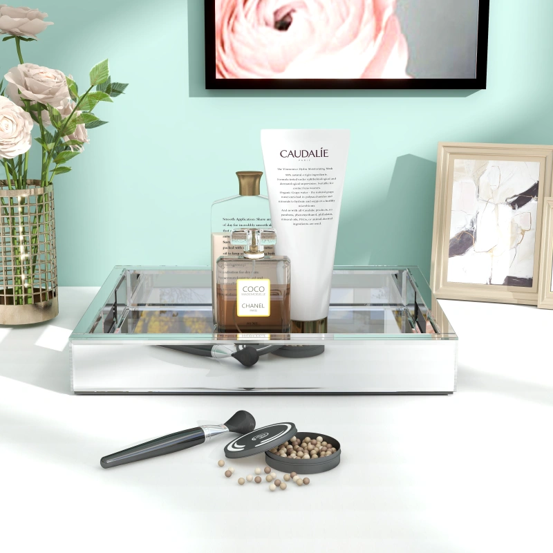 SHYFOY Mirror Glam Tray Bathroom Desktop Storage Tray, Silver Vanity Tray /SF-MP180