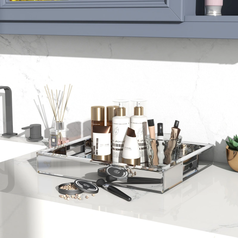 SHYFOY Mirror Glam Tray Bathroom Desktop Storage Tray, Silver Vanity Tray /SF-MP180
