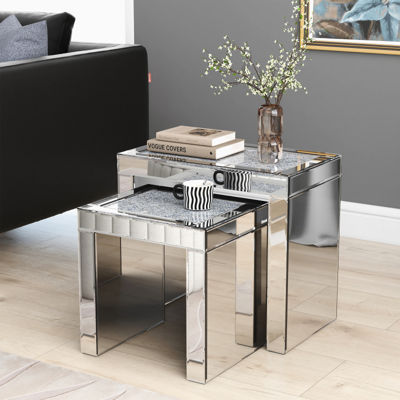 Nesting End Table Set of 2, Luxury Mirrored Side Tables with Sparkling Diamonds /SF-ST165