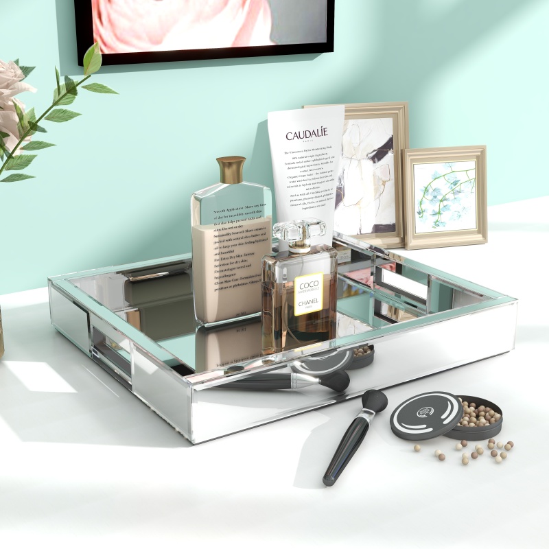 SHYFOY Mirror Glam Tray Bathroom Desktop Storage Tray, Silver Vanity Tray /SF-MP180