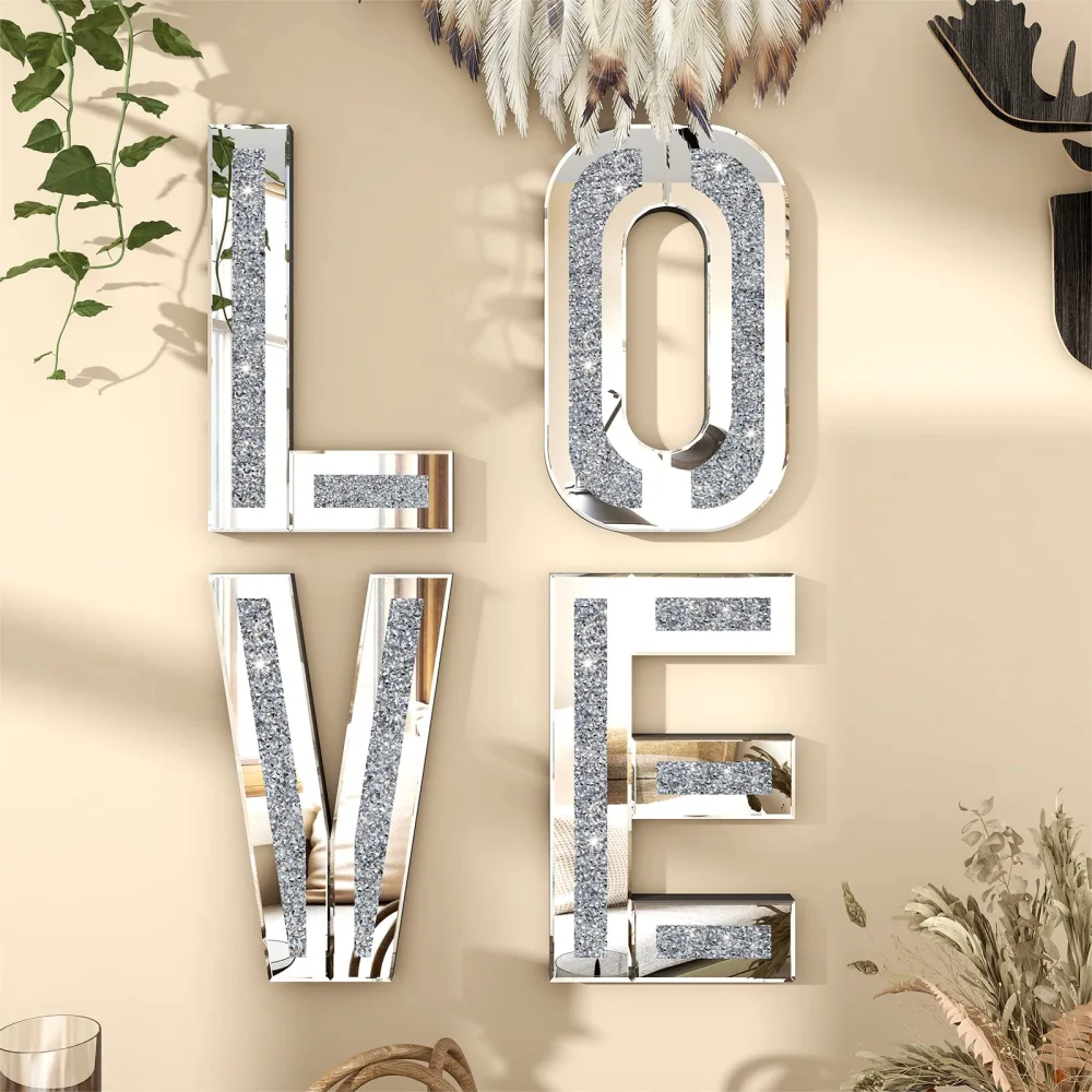 SHYFOY Mirrored Love Letters Living Room Wall Decor - 20in Big Size Crushed  Diamond Mirror Set Sparkly Silver Home Decor, image size:1000x1000