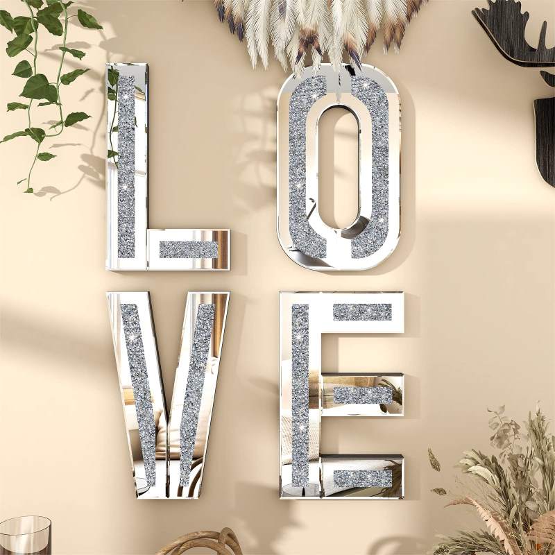 SHYFOY Mirrored Love Letters Living Room Wall Decor - 20in Big Size Crushed Diamond Mirror Set Sparkly Silver Home Decor