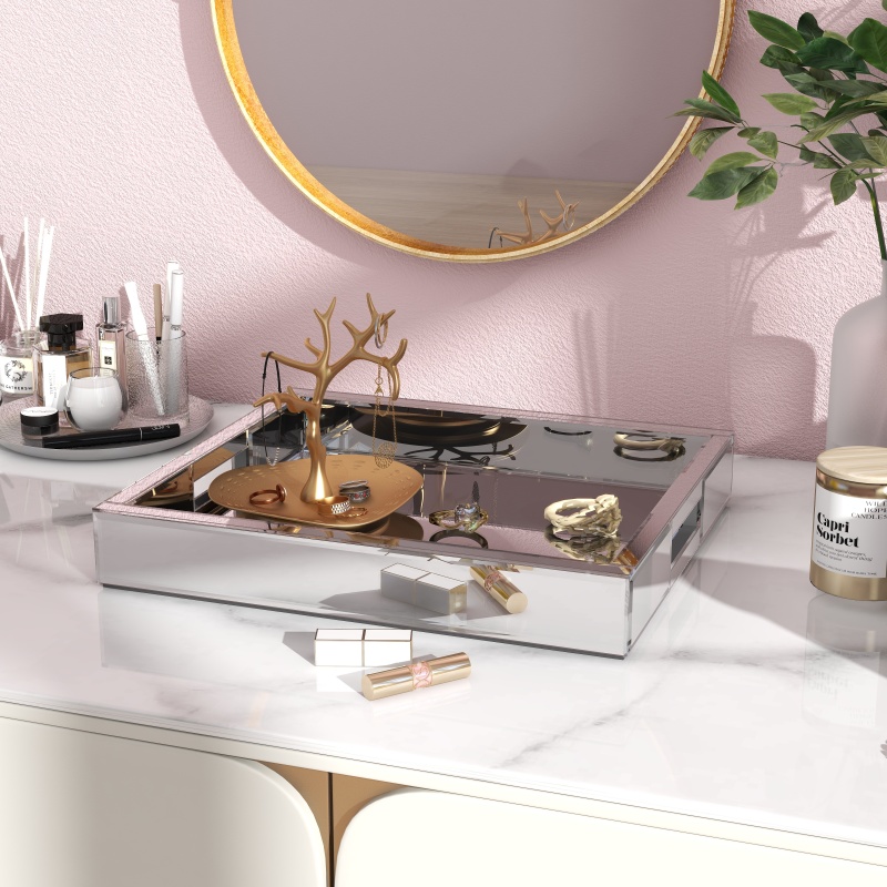 SHYFOY Mirror Glam Tray Bathroom Desktop Storage Tray, Silver Vanity Tray /SF-MP180