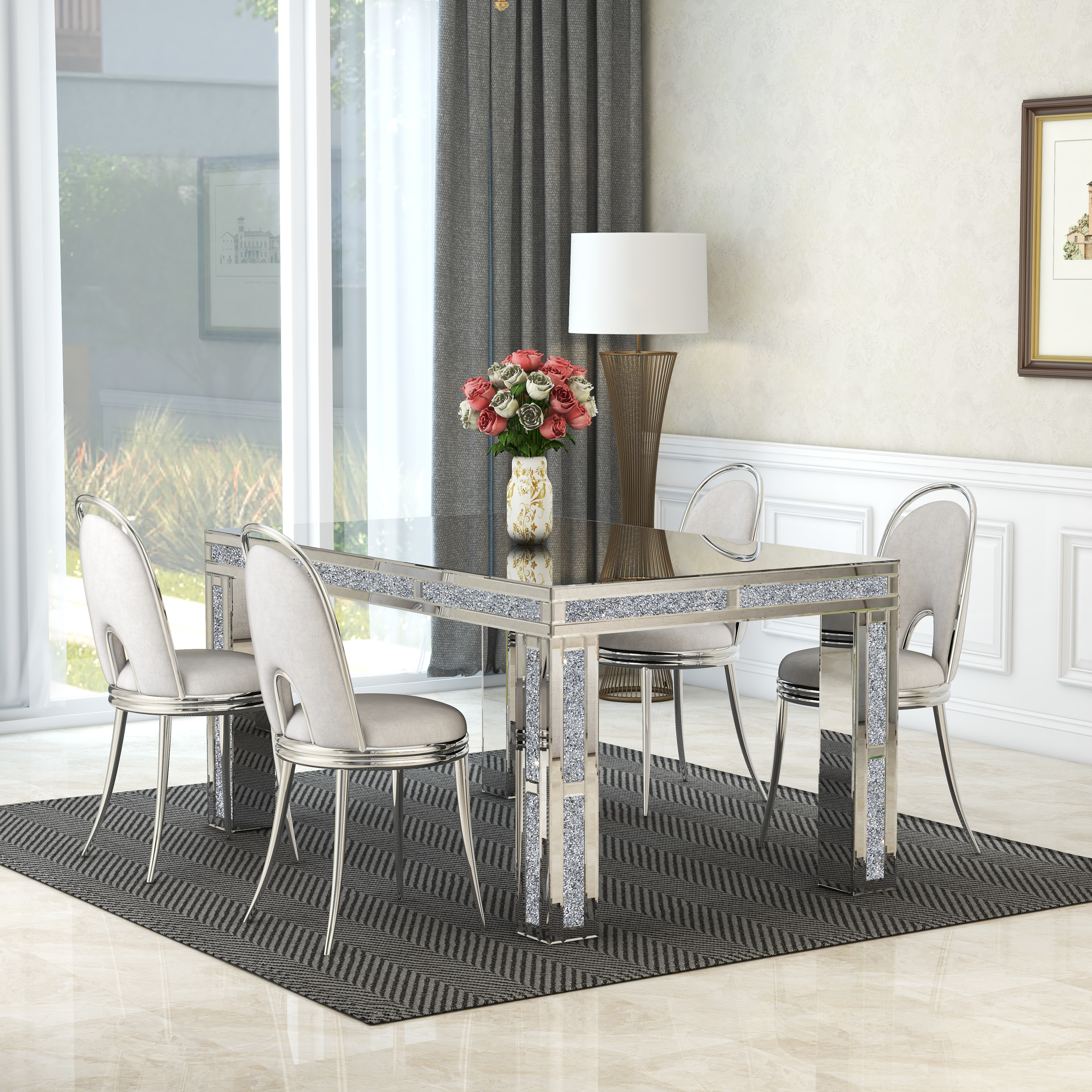 Crushed diamond deals mirrored dining table