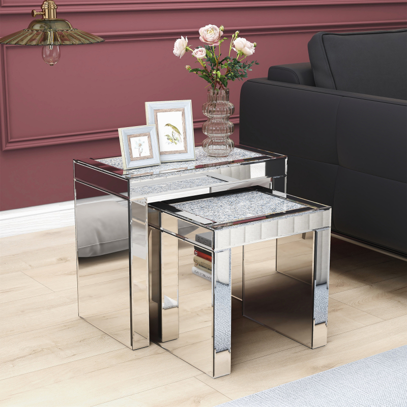 Nesting End Table Set of 2, Luxury Mirrored Side Tables with Sparkling Diamonds /SF-ST165