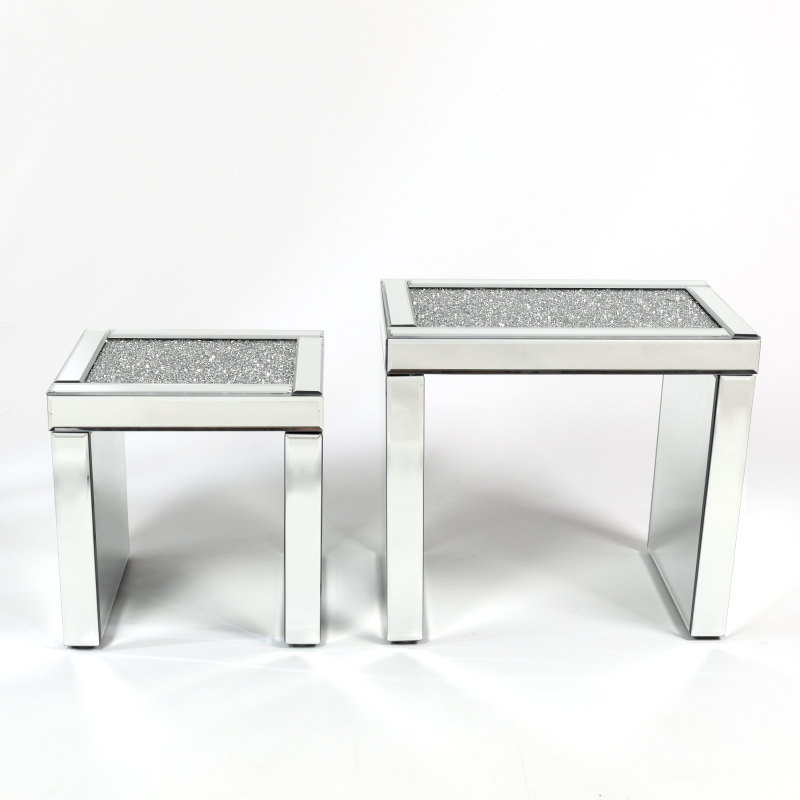 Nesting End Table Set of 2, Luxury Mirrored Side Tables with Sparkling Diamonds /SF-ST165