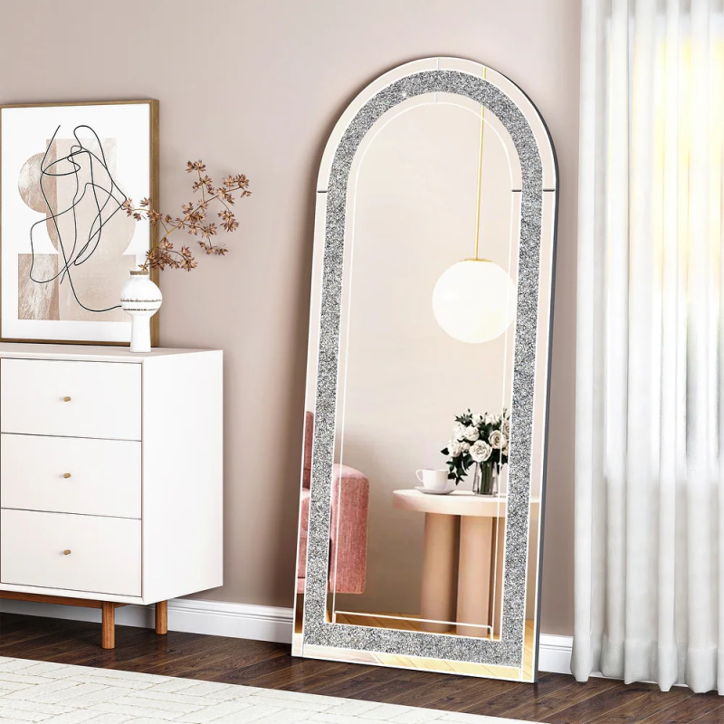 SHYFOY Glass Framed Arched-Top Floor Mirror with Crushed Diamond / SF-FM111