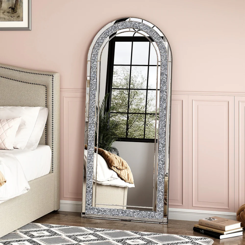 SHYFOY Glass Framed Arched-Top Floor Mirror with Crushed Diamond / SF-FM111