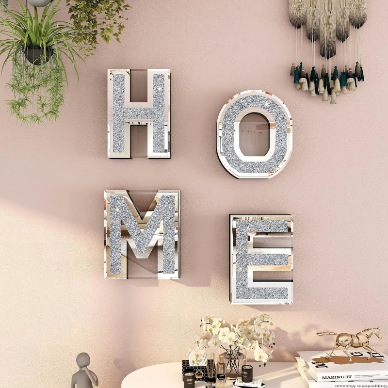 SHYFOY Home Letter Sign Living Room Decor, Mirrored Home Decoration for Tabletop &amp; Wall-Mount, Crystal Diamond Decorative Wall Mirrors Set for Wedding Centerpiece, Independent (4 PCS)