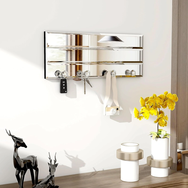 SHYFOY Silver Glass Key Hook with Mirror, 4 Crystal Hooks, Wall Mirror Plaque Art Home Decor for Entryway Door, Wallet Coat Wall Rack, 11.8" x 4.7" x 0.5"