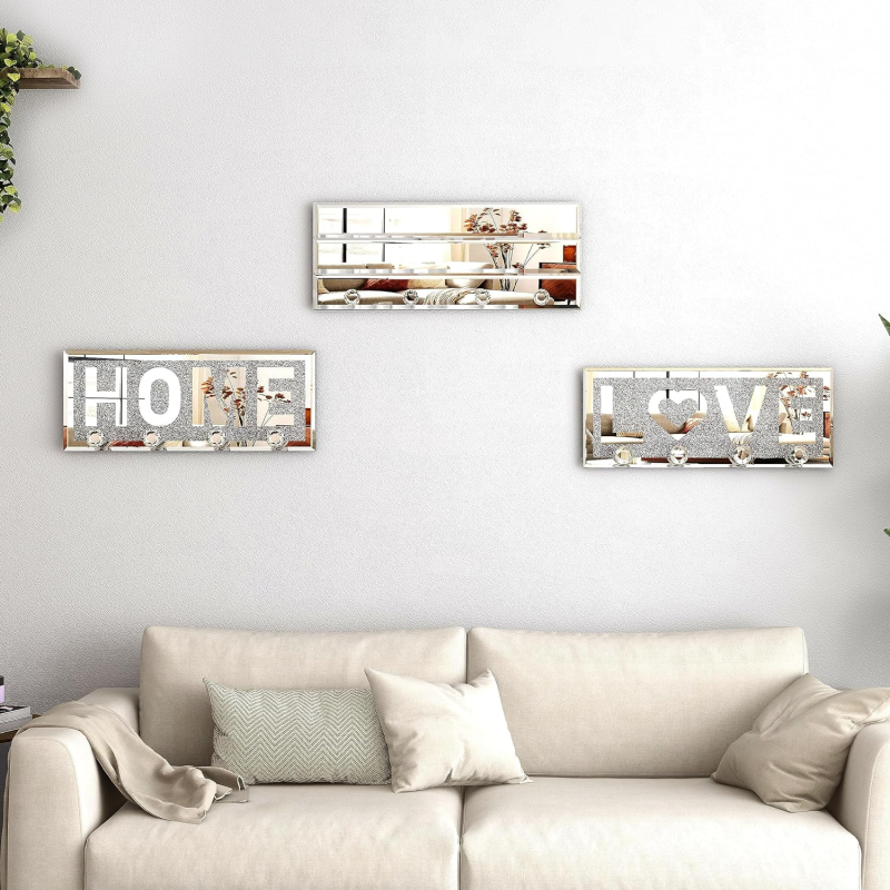 SHYFOY Silver Glass Key Hook with Mirror, 4 Crystal Hooks, Wall Mirror Plaque Art Home Decor for Entryway Door, Wallet Coat Wall Rack, 11.8" x 4.7" x 0.5"