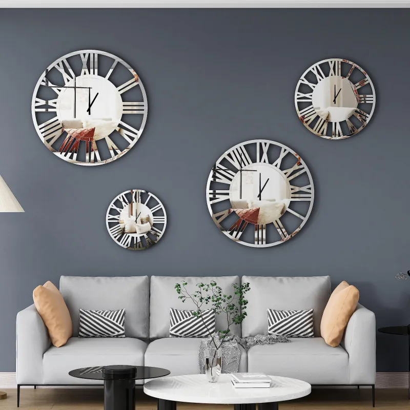 SHYFOY Large Silver Mirrored Wall Clock, Glass Surface Round Roman Numerals Clocks, Mirror Wall Art for Home Decorative 80cm / SF-MC019