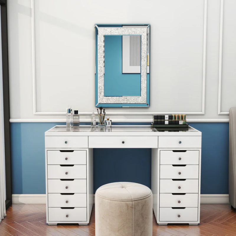 SHYFOY Glossy White Dressing Vanity Table Makeup Desk with 13-Drawer