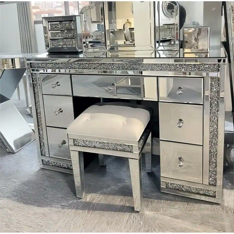 SHYFOY 7-Drawer Mirrored Vanity Dressing Makeup Table with Sparkling Diamond