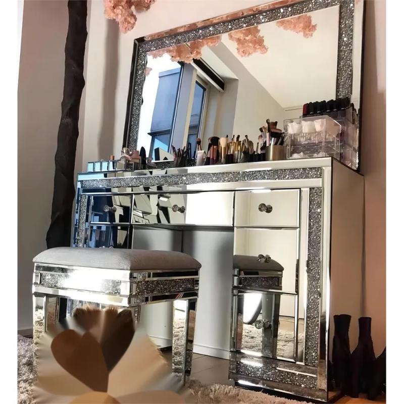 SHYFOY 7-Drawer Mirrored Vanity Dressing Makeup Table with Sparkling Diamond
