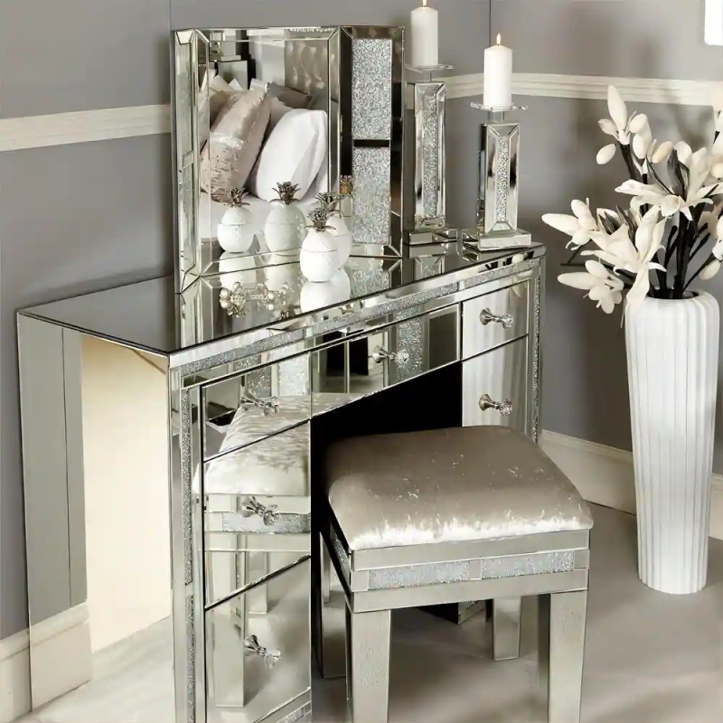 SHYFOY 7-Drawer Mirrored Vanity Dressing Makeup Table with Sparkling Diamond