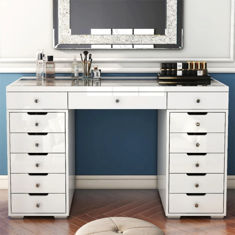 SHYFOY Glossy White Dressing Vanity Table Makeup Desk with 13-Drawer